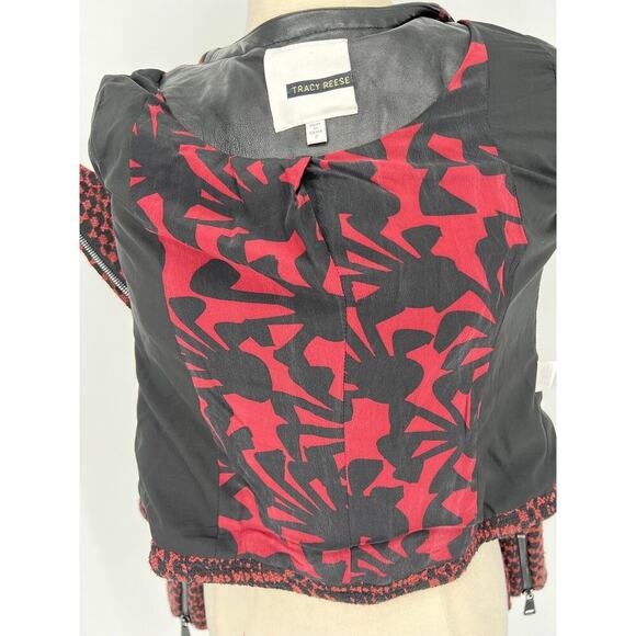 Tracy Reese Anthropologie Motto Zip Tweed Leather Trim Red Black Jacket Blazer 2 - Picture 11 of 16
